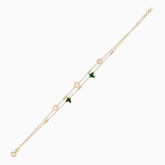 18k yellow gold bracelet two-layer decorated with mother of pearl & Malachite in flowers and butterflys shape