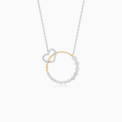 18k yellow and white gold NECKLACE in the shape of an intertwined circle with a small heart studded with natural diamonds
