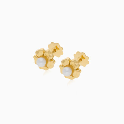 18K Yellow Gold Flower-Shaped Earrings for Kids with Freshwater Pearl Center - Image 2