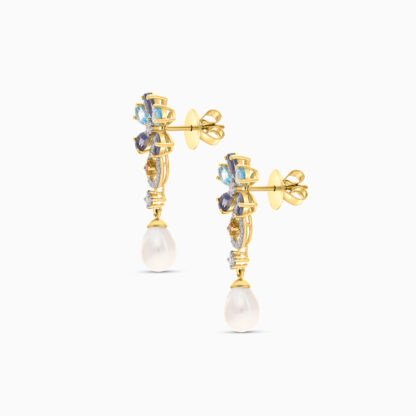 18K YELLOW GOLD PEARL EARRING WITH NATURAL DIAMOND & GEMSTONES