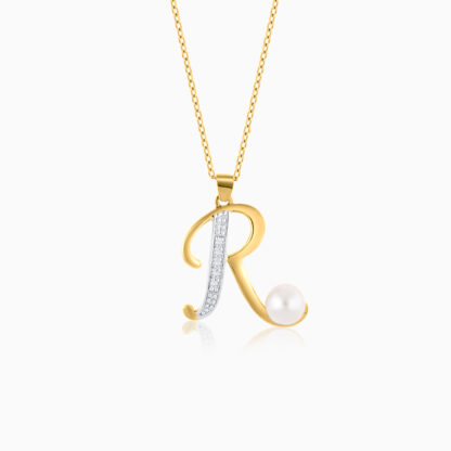 18k Yellow Gold 'R' Letter Necklace With Natural Diamond and Pearl