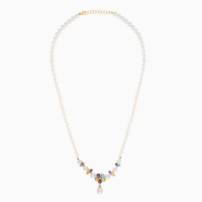 18K YELLOW GOLD PEARL NECKLACE WITH NATURAL DIAMOND & GEMSTONES