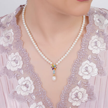 PEARL YELLOW GOLD PEARL NECKLACE WITH NATURAL DIAMOND & GEMSTONES