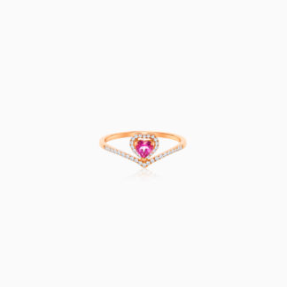18K Rose gold ring with heart shape of Pink Topaz surrounded by natural diamond stones