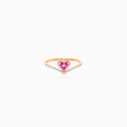 18K Rose gold ring with heart shape of Pink Topaz surrounded by natural diamond stones