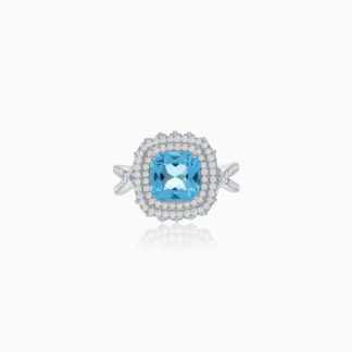 18K White Gold Ring featuring a stunning Natural Diamond and Blue Topaz stones