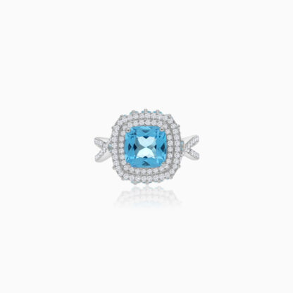 18K White Gold Ring featuring a stunning Natural Diamond and Blue Topaz stones