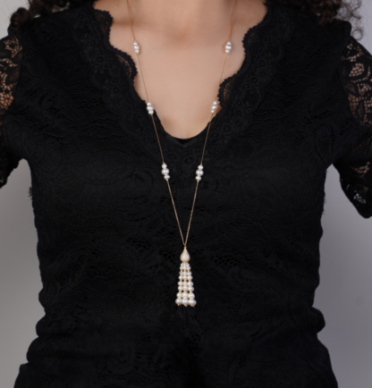 18K YELLOW GOLD NECKLACE DECORATED WITH PEARLS AND ZIRCON STONES - Image 2
