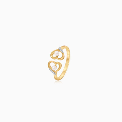 18K Yellow gold Ring With 2 Hearts shaped Decorated with Natural Diamond & Pearls