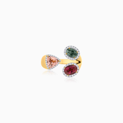 18K Yellow Gold Open Ring with Tourmaline Stones and natural diamond - Image 4