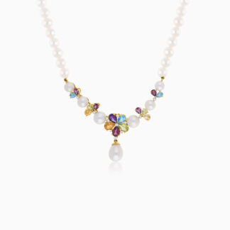 18K YELLOW GOLD PEARL NECKLACE WITH NATURAL DIAMOND & GEMSTONES