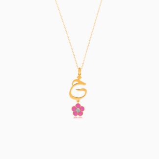18k yellow gold kids necklace with the letter khaa with a hanging pink flower decorated with a single natural diamond in the centre