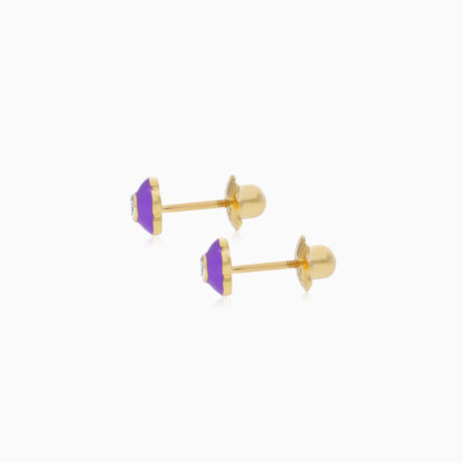 18k Yellow gold Kids Earrings flower shape decorated with natural diamond stones - Image 3