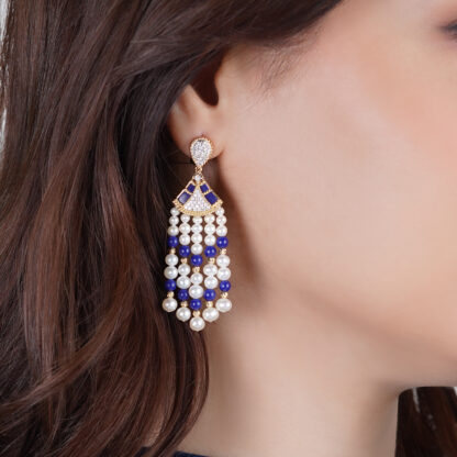 18K Yellow Gold Dangling Earrings with Pearls, Natural Diamonds and Lazurite stones - Image 2