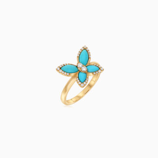 18k Yellow gold ring, butterfly shape decorated with Turquoise and natural diamond stones
