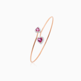 18K Rose gold bangle with 2 hearts of Pink Topaz Surrounded by Natural Diamonds