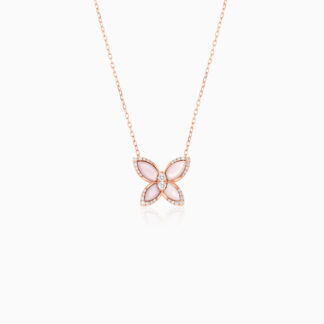 18k Rose gold necklace butterfly shape decorated with Mother of pearl and natural diamond stones
