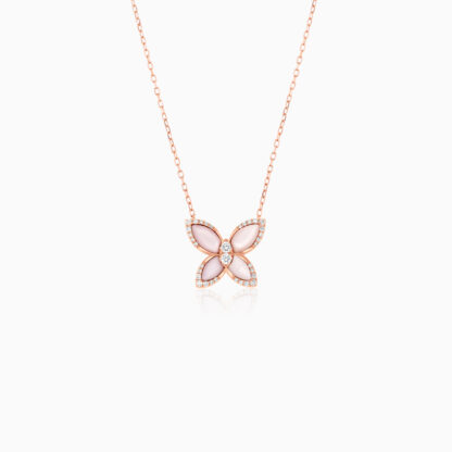 18k Rose gold necklace butterfly shape decorated with Mother of pearl and natural diamond stones