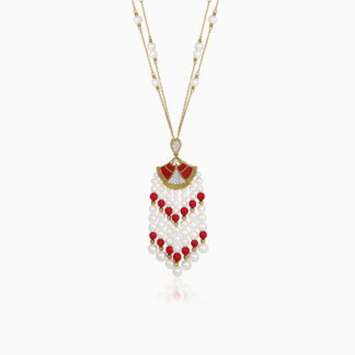 18K Yellow gold long Long pearl necklace with natural diamond and coral stones