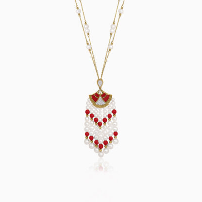 18K Yellow gold long Long pearl necklace with natural diamond and coral stones
