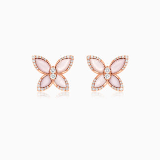 18k Rose gold earrings butterfly shape decorated with Mother of pearl and natural diamond stones