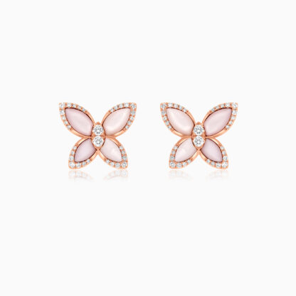 18k Rose gold earrings butterfly shape decorated with Mother of pearl and natural diamond stones