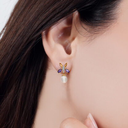 18K YELLOW GOLD PEARL EARRING WITH NATURAL DIAMOND & GEMSTONES