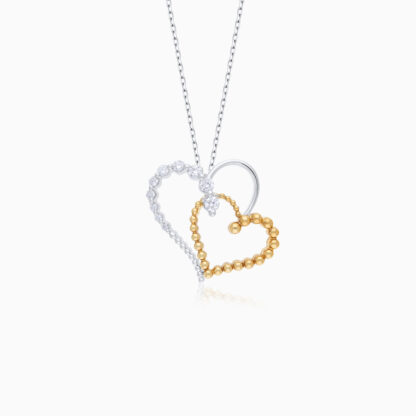 18k yellow and white gold NECKLACE in the shape of 2 HEARTS ATTACHED studded with natural diamonds