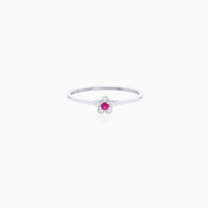 18K WHITE GOLD RING FLOWER SHAPE DECORATED BY RUBY AND NATURAL DIAMOND STONES