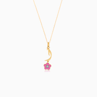 18K yellow gold Kids Necklace with letter ALIF with dangling pink flower decorated with a single natural diamond in the centre