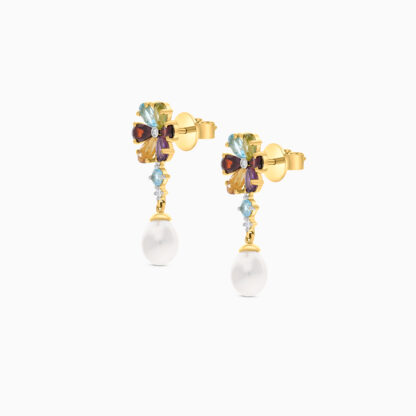 18K YELLOW GOLD PEARL EARRING WITH NATURAL DIAMOND & GEMSTONES