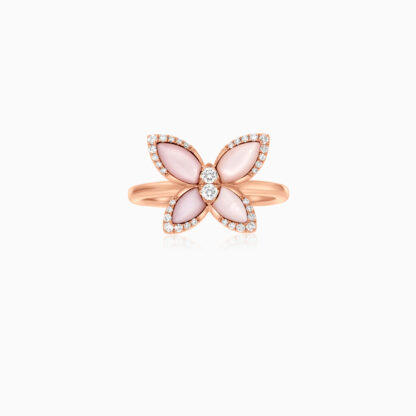 18k Rose gold ring butterfly shape decorated with Mother of pearl and natural diamond stones