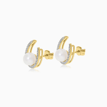 18k Yellow Gold Earrings Decorated with Pearl and zircon stones