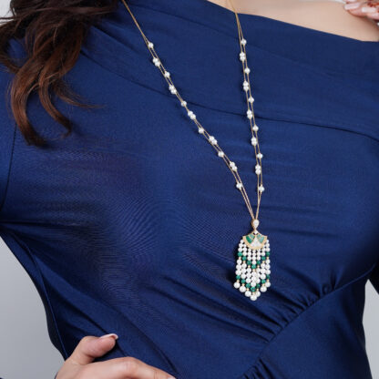 18K Yellow Gold Long Pearl Necklace with Natural Diamond and Malachite Stones - Image 2
