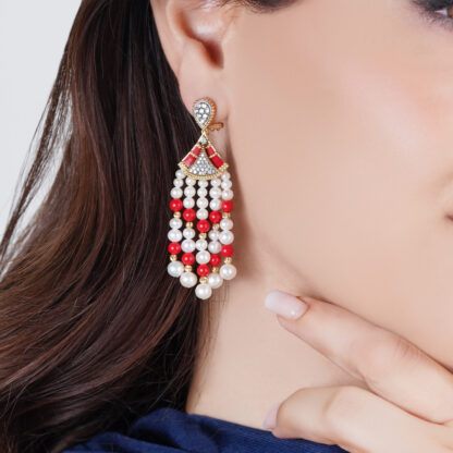 18K Yellow Gold Dangling Earrings with Pearls, Natural Diamonds and coral stones - Image 2