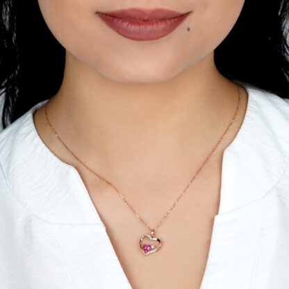 18k Rose gold necklace heart shape decorated with natural diamond and pink topaz - Image 2