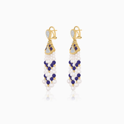 18K Yellow gold pearl earrings with natural diamond and lazurite stones