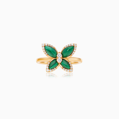 18k Yellow gold ring butterfly shape decorated with Malachite and natural diamond stones