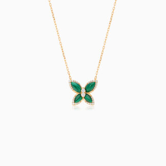 18k Yellow gold necklace butterfly shape decorated with Malachite and natural diamond stones