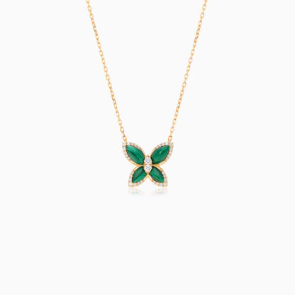 18k Yellow gold necklace butterfly shape decorated with Malachite and natural diamond stones