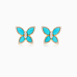 18k Yellow gold Earrings butterfly shape decorated with Turquoise and natural diamond stones