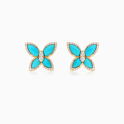 18k Yellow gold Earrings butterfly shape decorated with Turquoise and natural diamond stones