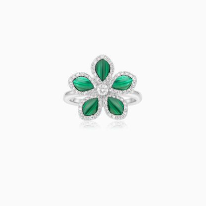 18K WHITE GOLD RING FLOWER SHAPE DECORATED WITH NATUARL DIAMOND AND MALACHITE STONES