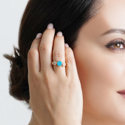 18K Rose Gold Ring with Natural Diamonds and Turquoise Stone - Mosaic Collection - Image 2