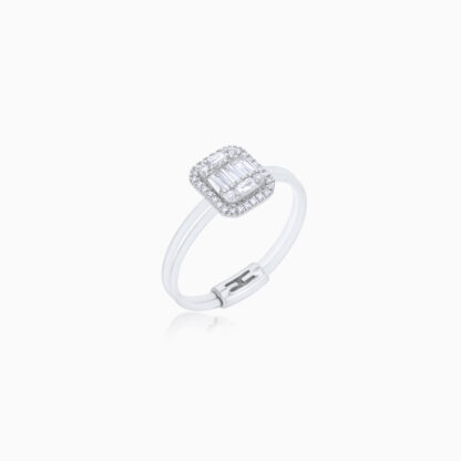 18K WHITE GOLD RING SQUARE- SHAPE DECORATED WITH BAGUETTE NATURAL DIAMOND STONES