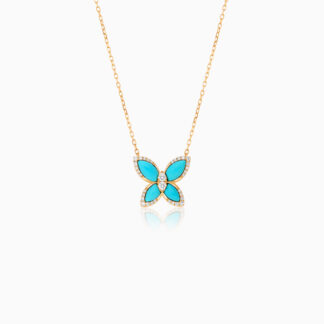 18k Yellow gold Necklace butterfly shape decorated with Turquoise and natural diamond stones