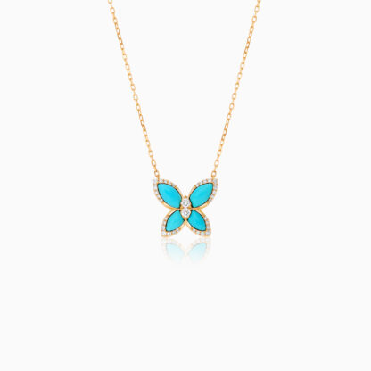 18k Yellow gold Necklace butterfly shape decorated with Turquoise and natural diamond stones