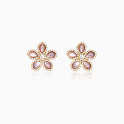 18k yellow gold Earrings flower shape decorated with natural diamond and Pink Mother of pearl