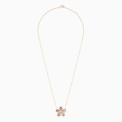 18k yellow gold Necklace flower shape decorated with natural diamond and Pink Mother of pearl