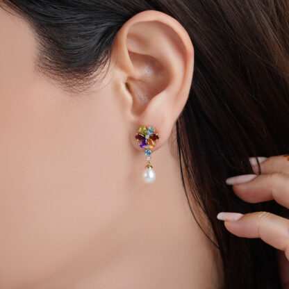 18K YELLOW GOLD PEARL EARRING WITH NATURAL DIAMOND & GEMSTONES